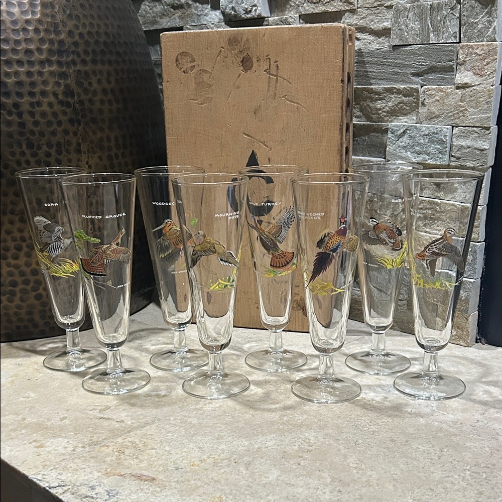 Set of 8 vintage NED SMITH wildlife game bird pilsner glasses
